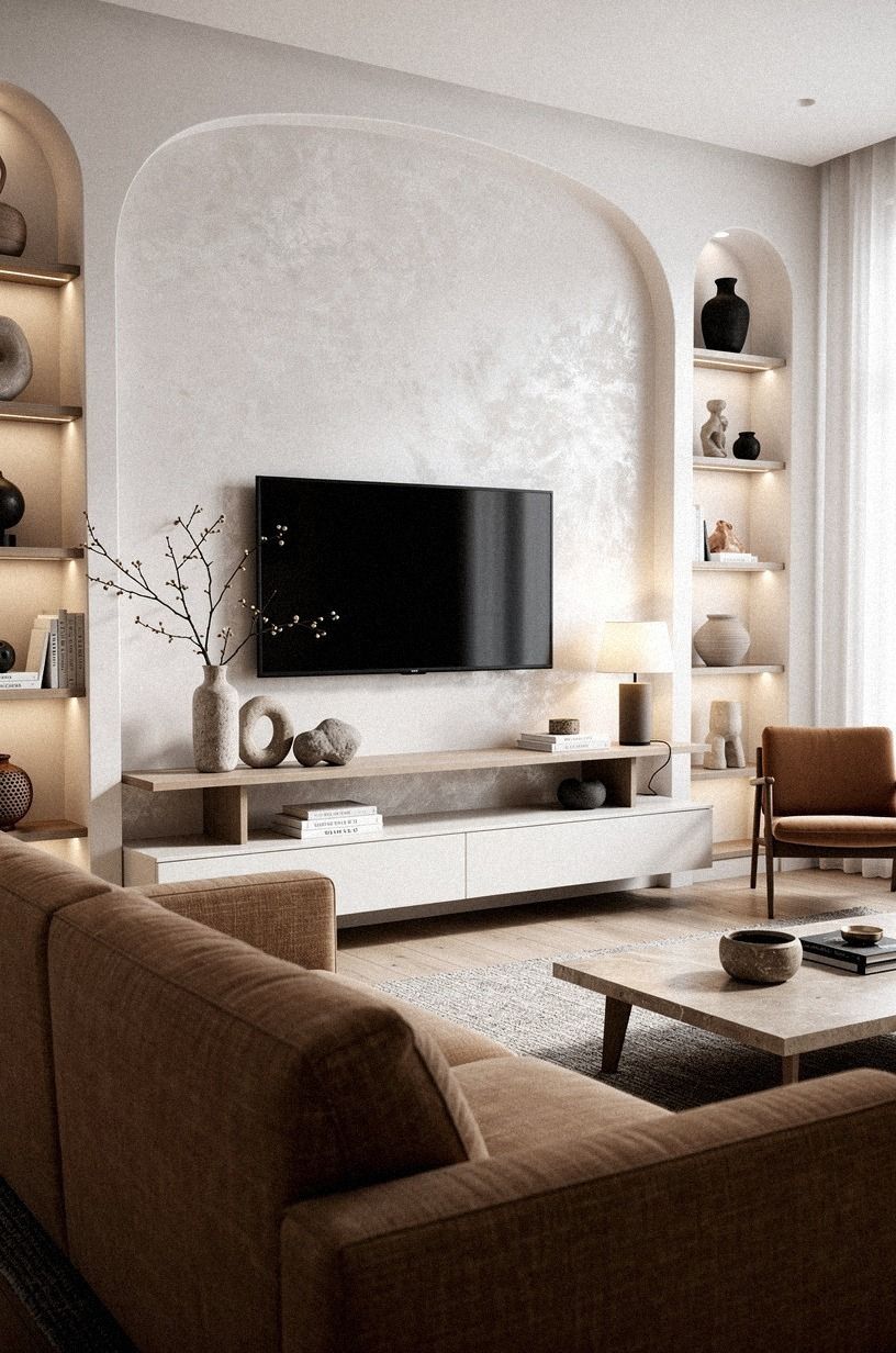 Float the TV Above a Low Console for Living Room Designs With Alcoves
