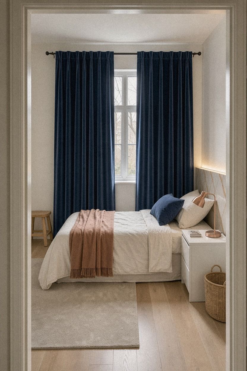 Swap plain panels for IKEA velvet curtains in the bedroom