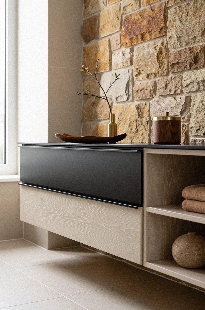 Layer a Matte Black Vanity Against Warm Stone