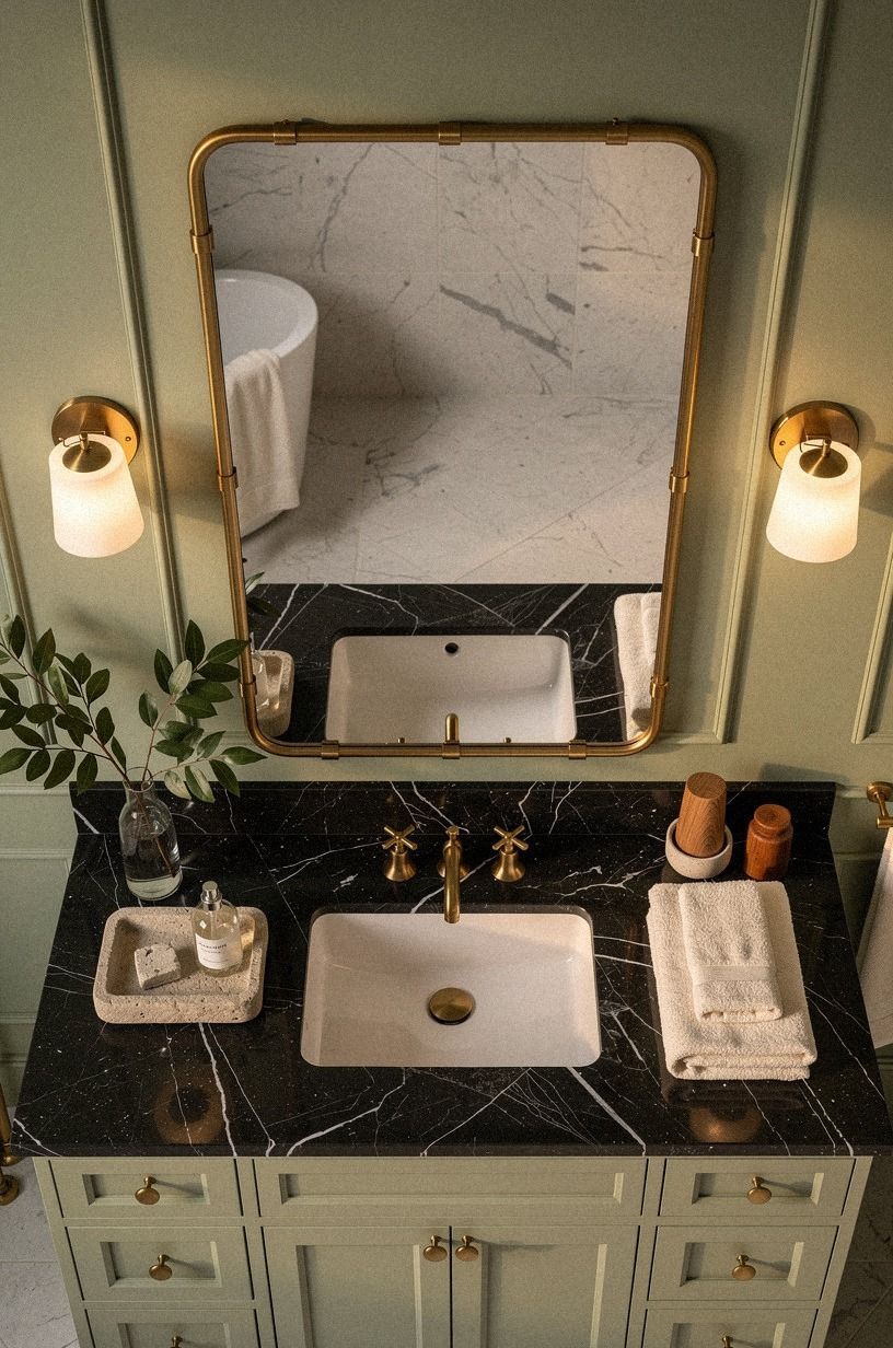 Brass Accents Around the Builder Mirror