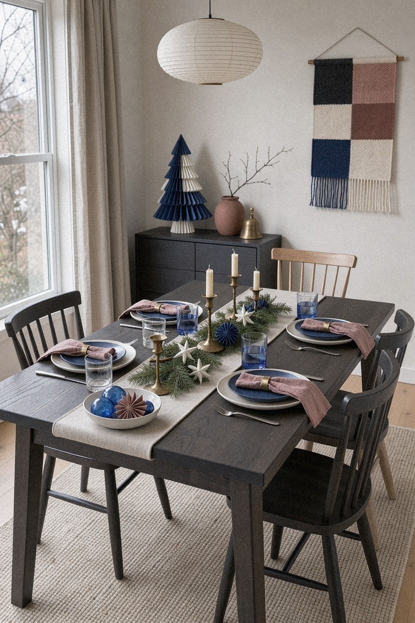 Finish blue and white Christmas tablescapes with brass