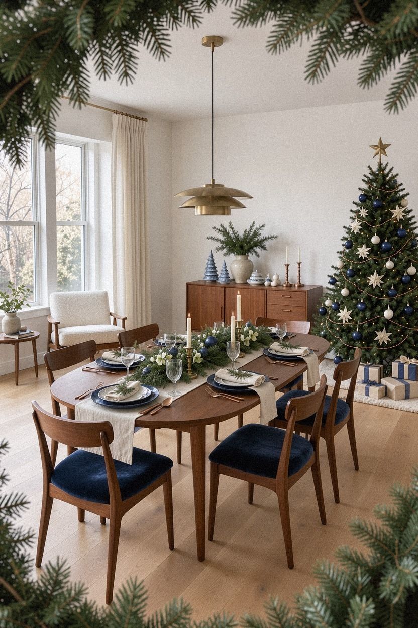 Frame blue and white Christmas tablescapes with evergreen