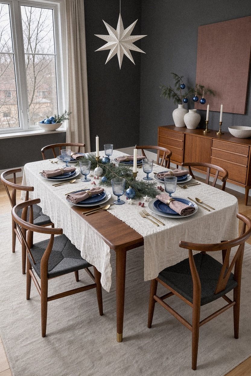 Layer blue Christmas tablescapes with one white foundation