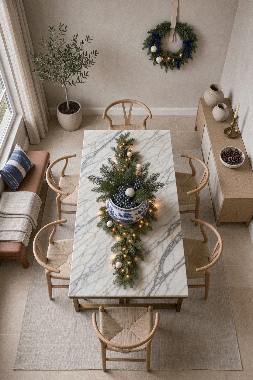 Swap a tall centerpiece for a gathered blue willow bowl