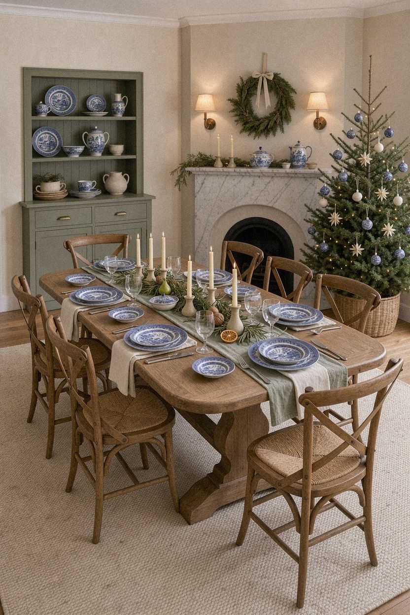 Why do blue willow Christmas tablescapes feel collected?