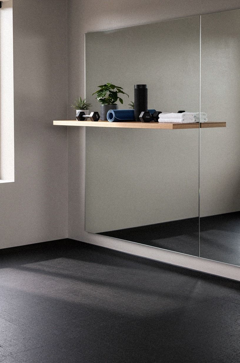 Float one shelf above the mirror line