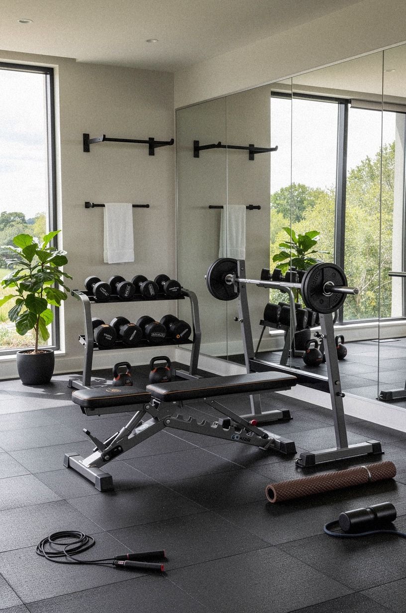 Photograph the home gym with the mirror doing the work