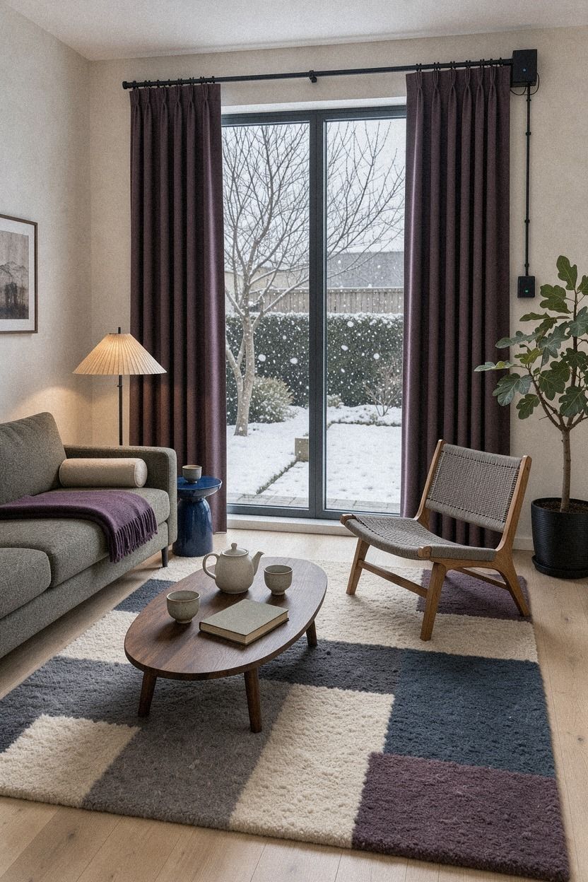Anchor Motorized Curtains with a Rug That Overlaps Furniture