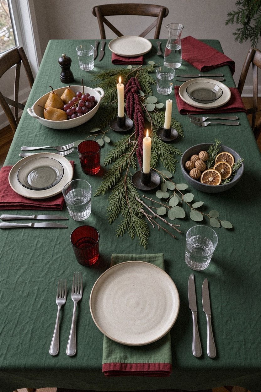 Green linen, red accents
