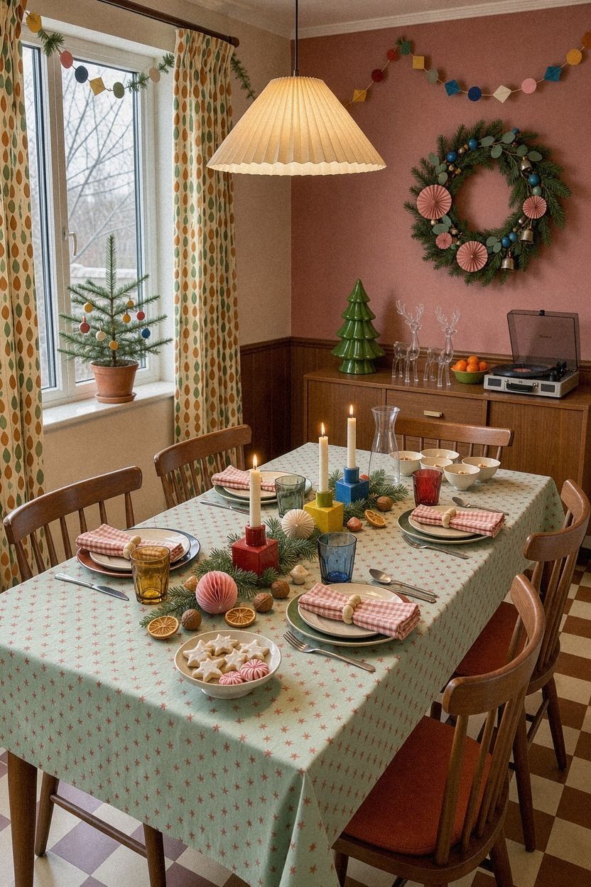 Farrow & Ball De Nimes Creates a Moody Backdrop for Retro Christmas Tables