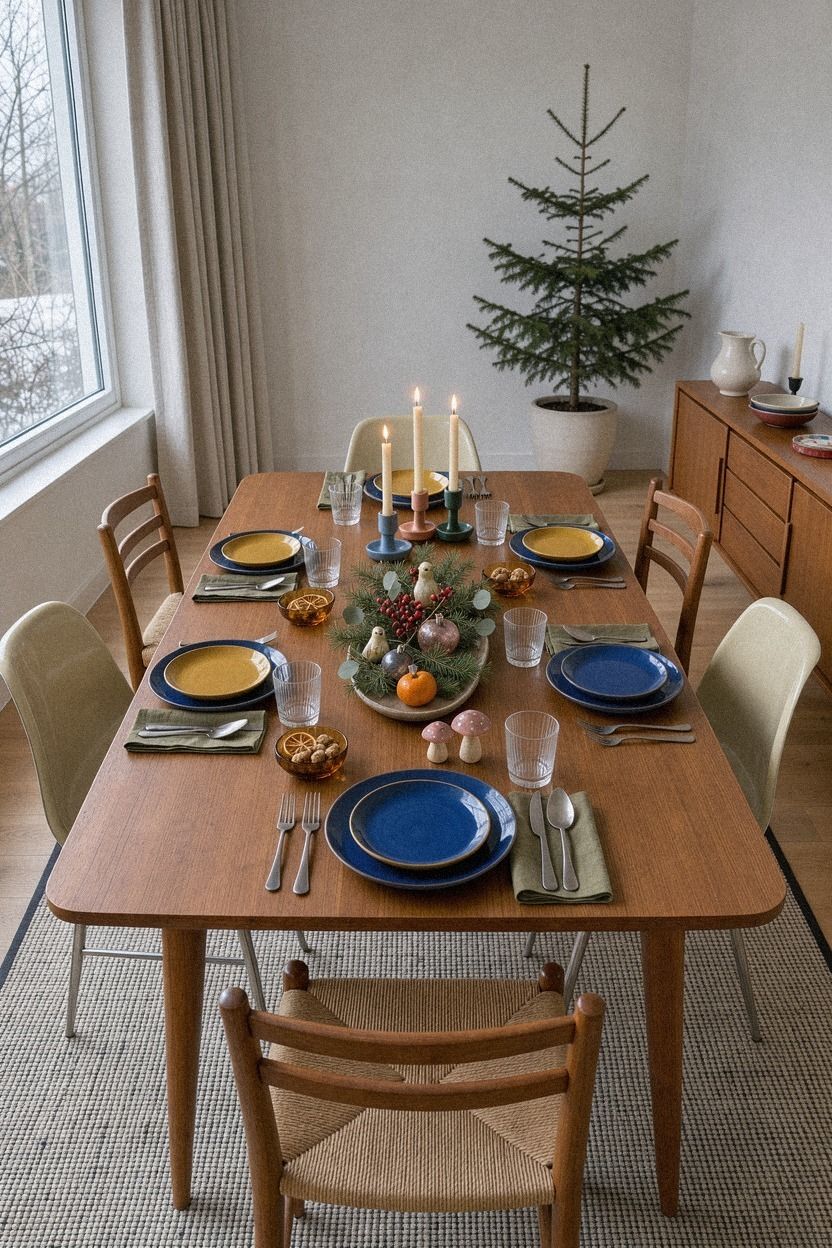 Mix Retro Christmas Tablescapes Over Minimal White Decor