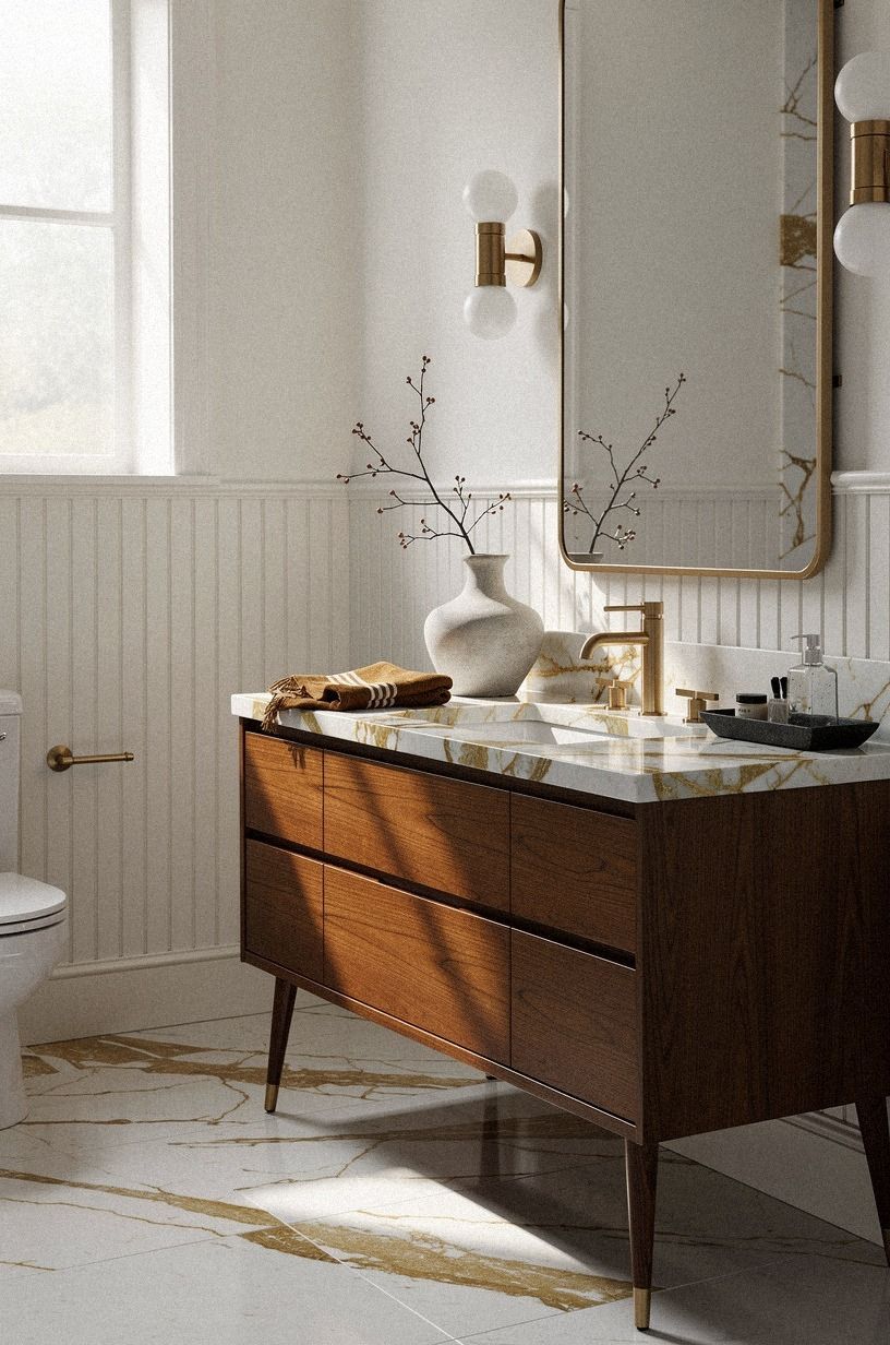 Frame the walls with beadboard over busy tile