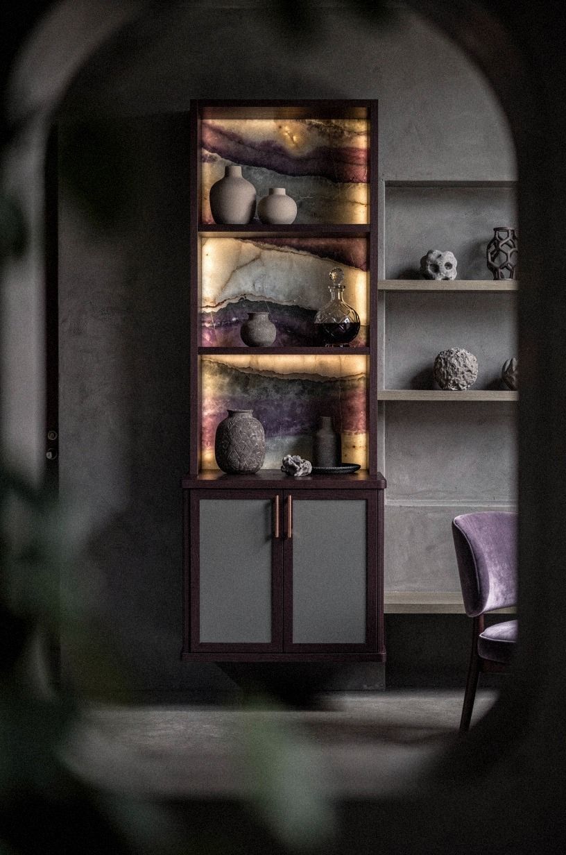 Float a narrow bar cabinet for more floor