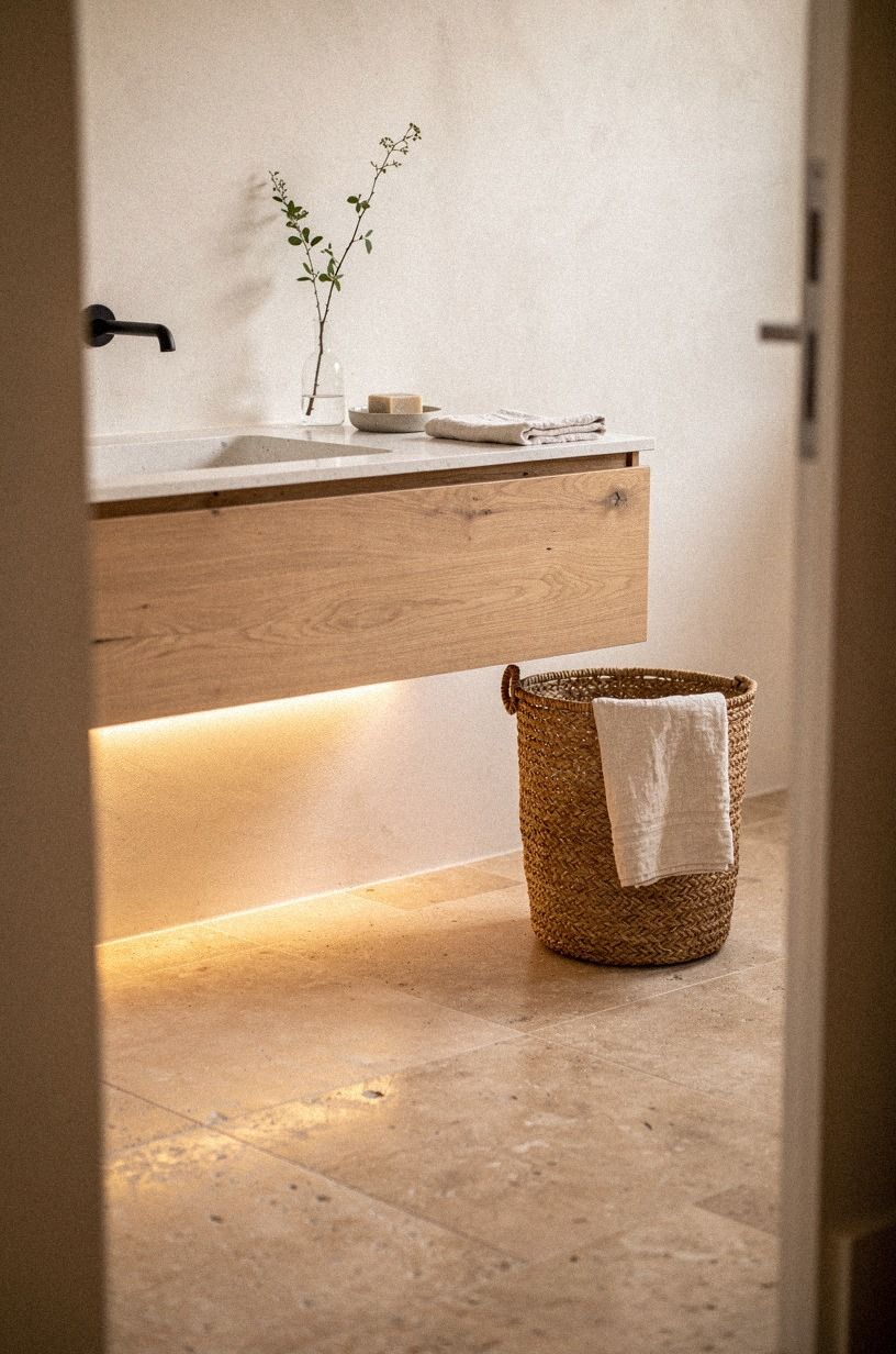 Float the oak vanity over a warm floor