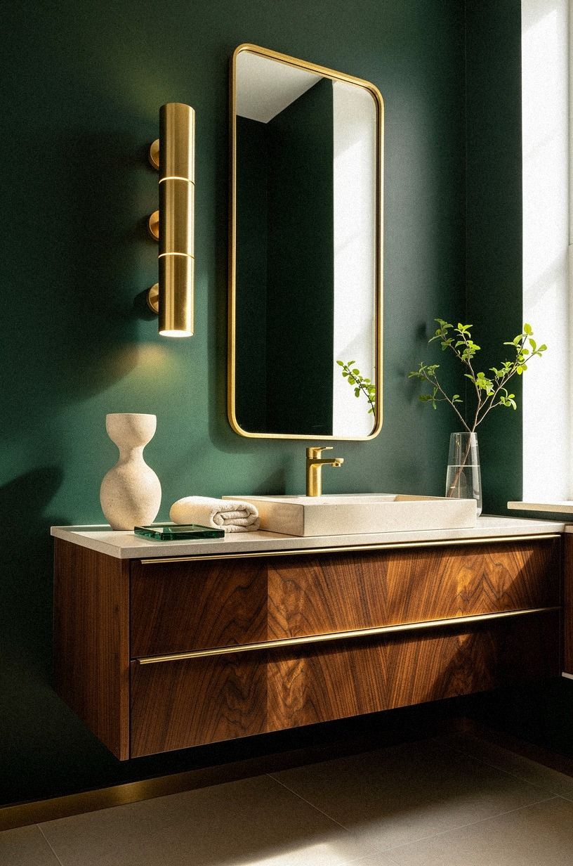 Build the Three-Height Light Stack for Powder Room Ideas with Gold Accents