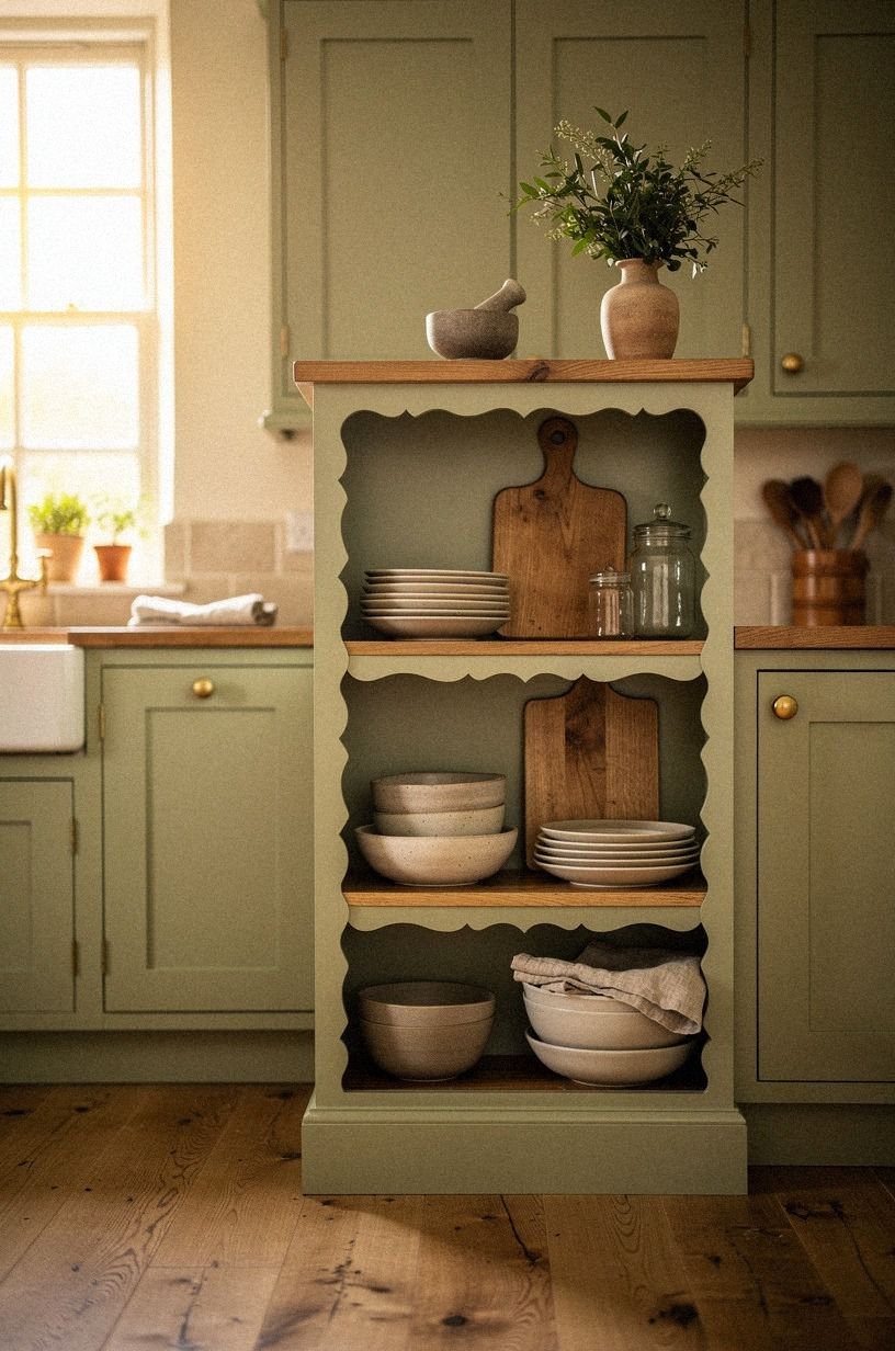 Frame an English Kitchen Open Shelf With Scalloped Trim