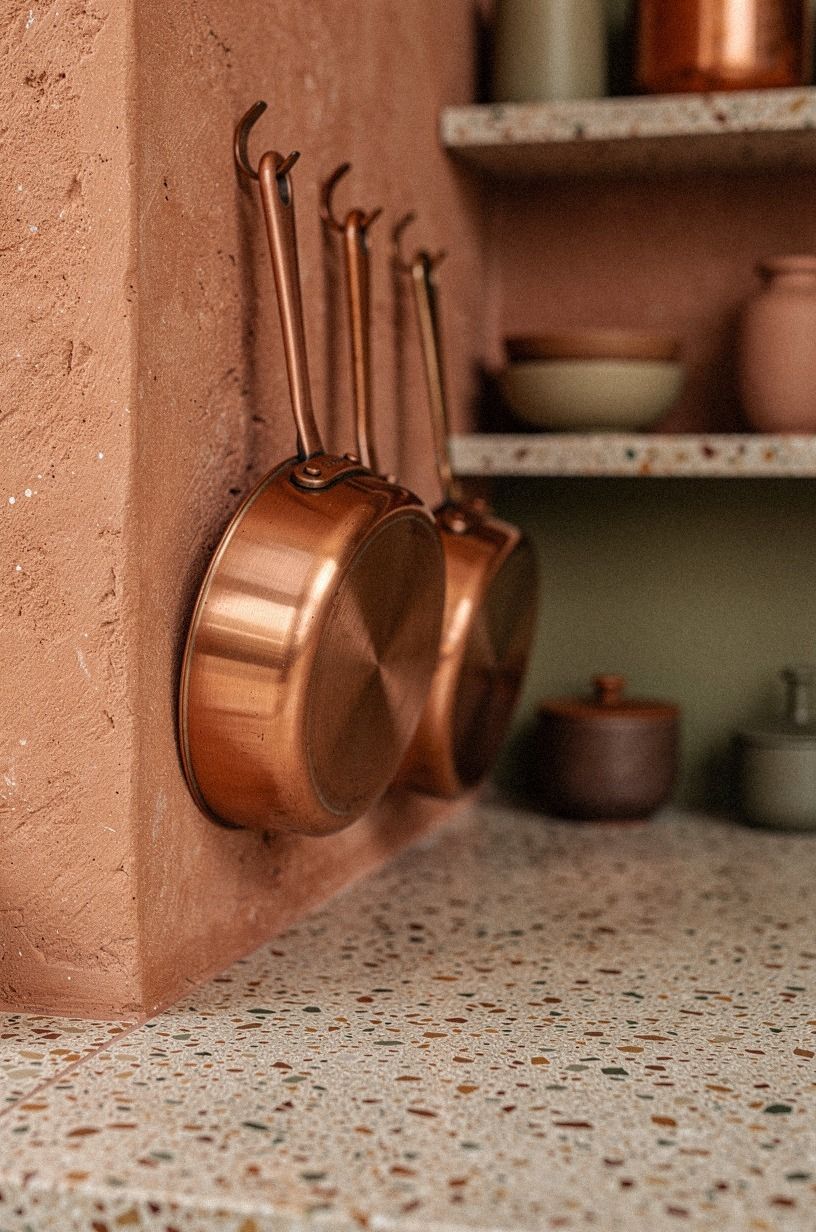 Hang Copper Pans Beside the Shelves
