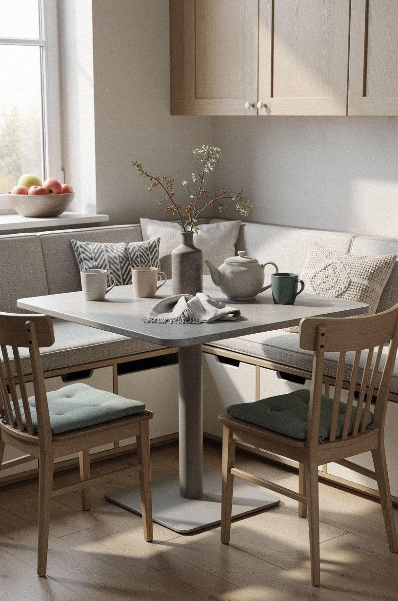 Layer the Two-Wood Rule Around a Built In Bench Kitchen Table