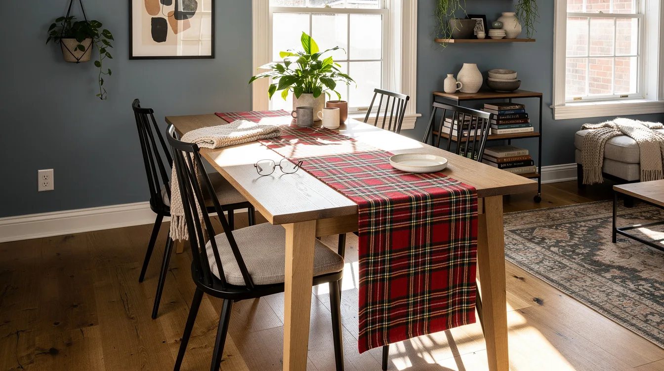 Use a Long Plaid Runner on Bare Wood