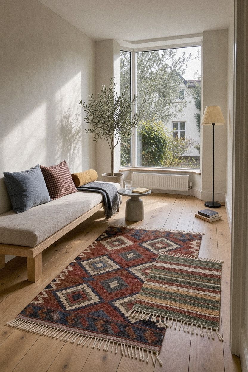 Layer the floor with a partial-overlap rug